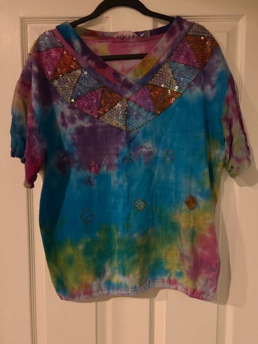 Tie-Dye Sequin V-Neck Tee - multicolor boho thrashed prairie western pop gypsy